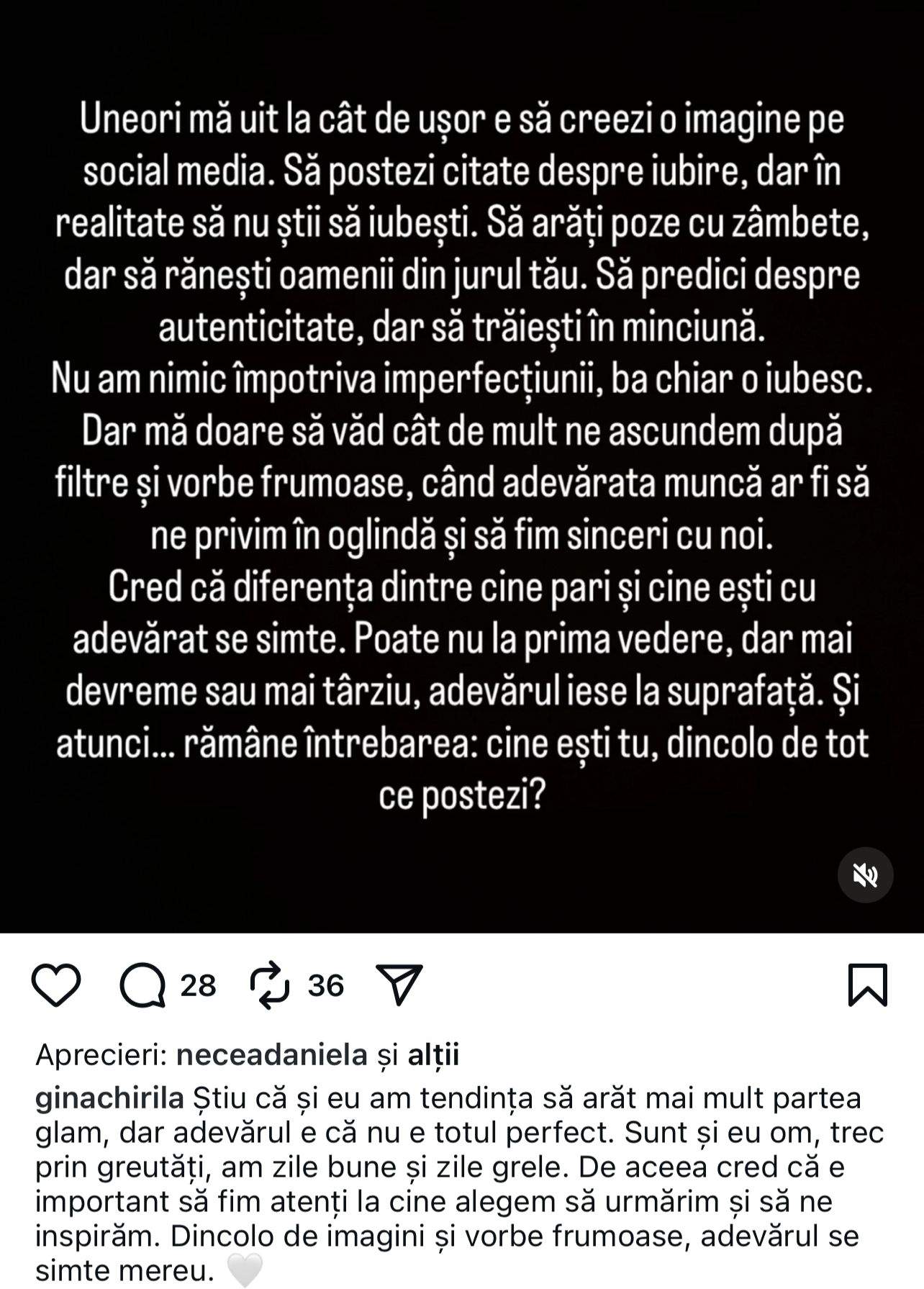 Gina Chirilă, mesaj cu subînțeles! Ce spune vedeta despre viața din spatele rețelelor sociale: „Uneori mă uit la cât de ușor e să creezi o imagine…”