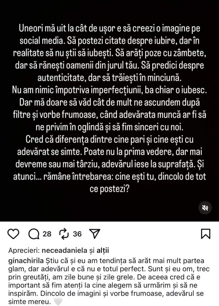 Gina Chirilă, mesaj cu subînțeles! Ce spune vedeta despre viața din spatele rețelelor sociale: „Uneori mă uit la cât de ușor e să creezi o imagine…”