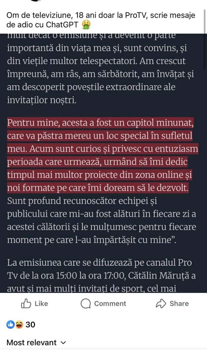 Cătălin Măruță, acuzat că și-a scris mesajul de adio cu Chat GPT! Cum au reacționat fanii