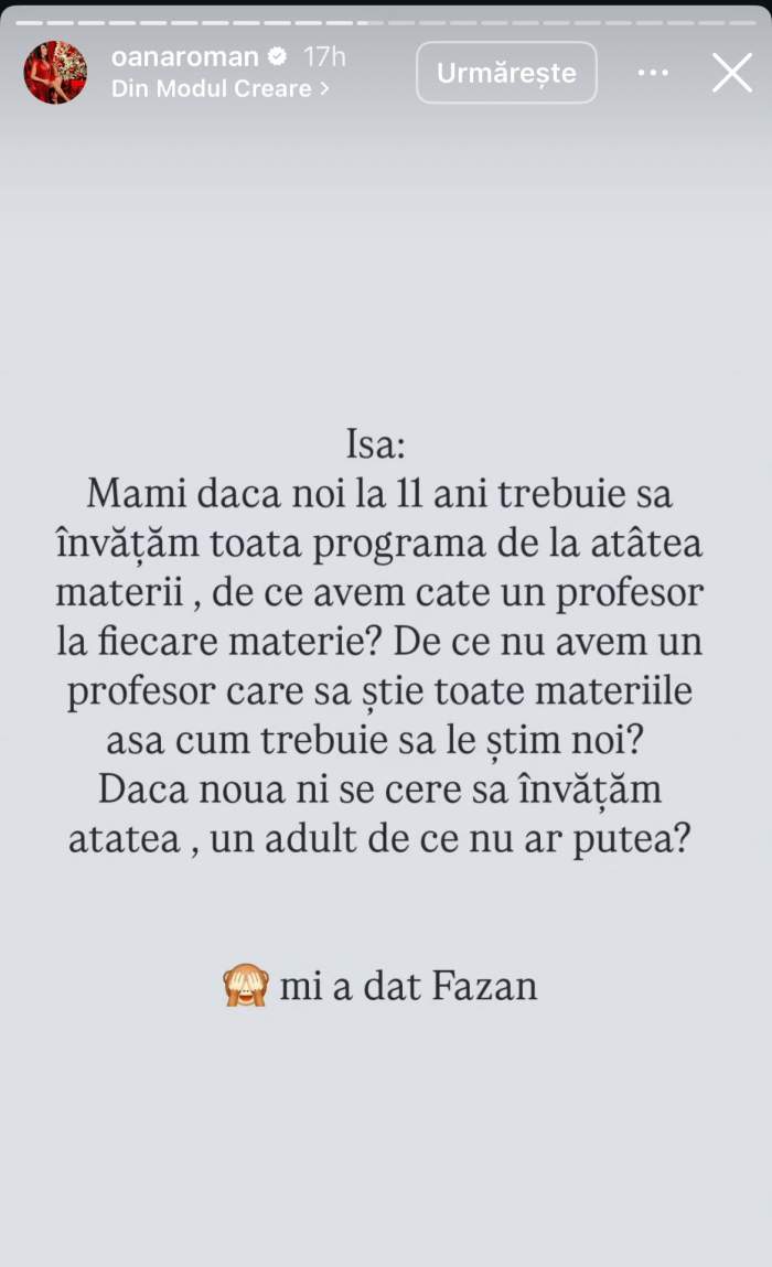 Mesajul postat de Oana Roman