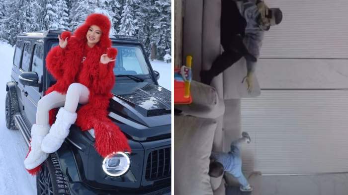 Colaj foto cu Vlăduța Lupău și fiul ei care a căzut de pe canapea