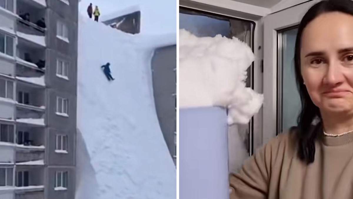 Colaj foto cu toboganul de zăpadă și o femeie care și-a scos zăpadă de pe geam cu găleata