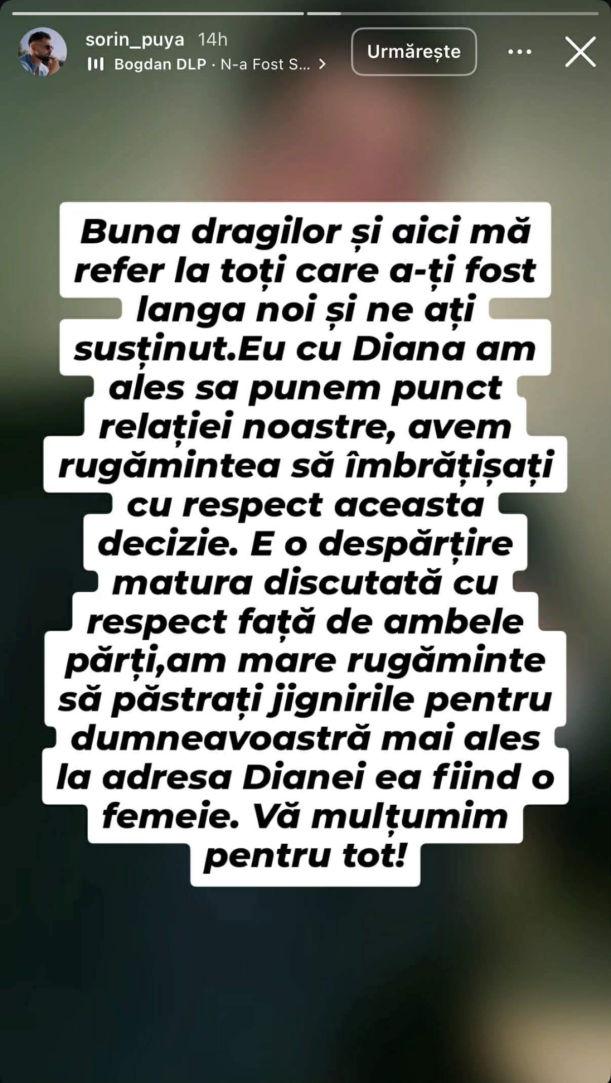 Diana și Sorin de la Mireasa, sezonul 12, s-au despărțit. Fostul concurent a făcut anunțul: "Am ales să punem punct"