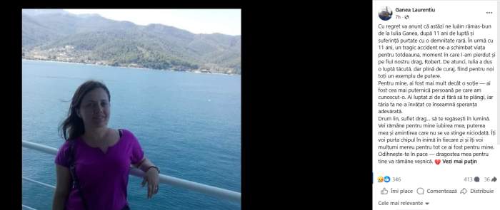 A murit Iulia Ganea! Tristul anunț a fost făcut de soțul ei: "Un tragic accident ne-a schimbat viața pentru totdeauna"