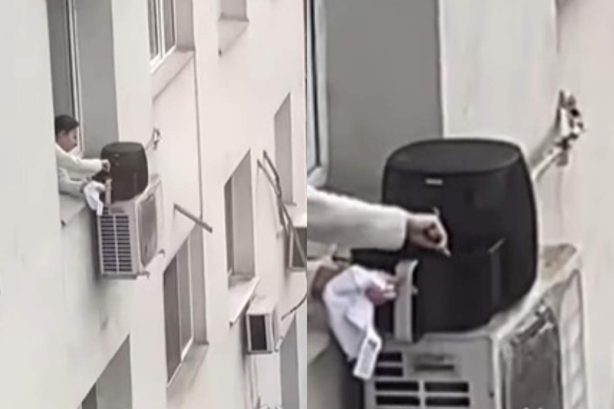 Ai mai văzut așa ceva? O femeie a fost filmată gătind la airfryer pe geam, pe aerul condiționat. Imaginile sunt incredibile