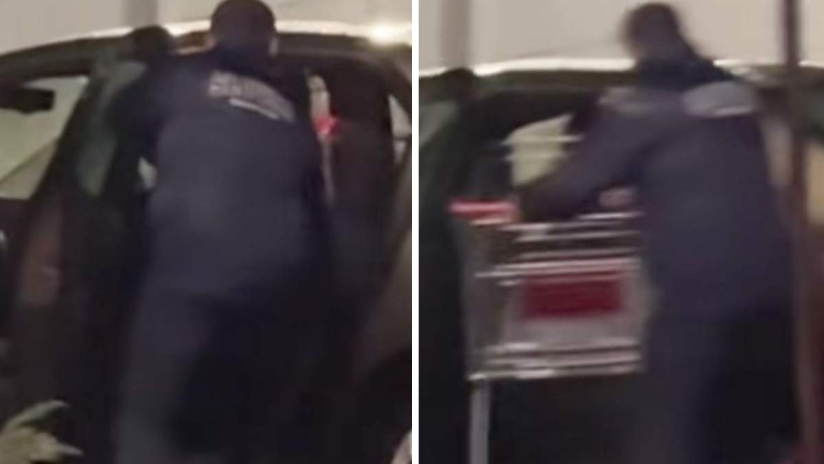 Colaj foto cu șoferul care a încercat să îndese în mașina sa căruciorul de cumpărături