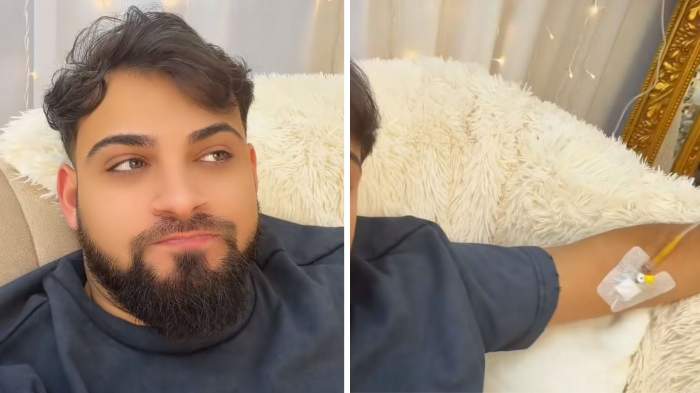 Colaj foto cu Lele Robert, cu perfuzia la mână