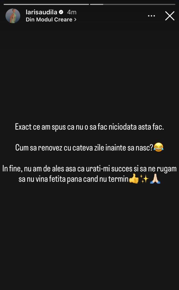 Larisa Udilă, în secțiunea de stories, de pe Instagram