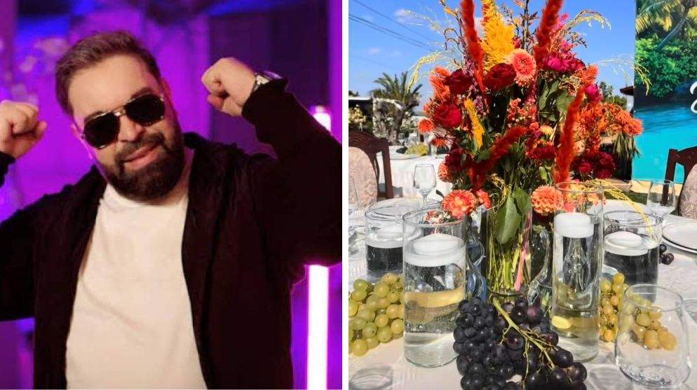 Colaj foto cu Florin Salam și decorul de la petrecerea sa