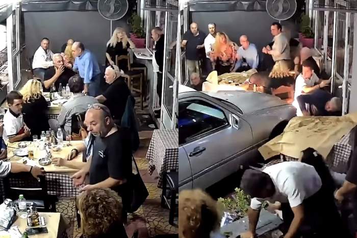 Momentul în care o mașină intră în plin într-o tavernă, printre clienți. Trei persoane au fost rănite