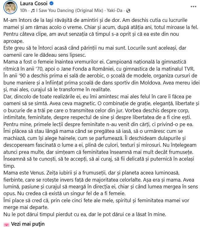 Laura Cosoi, copleșită de dorul mamei sale: „Chiar și acum, după atâția ani, totul miroase la fel”