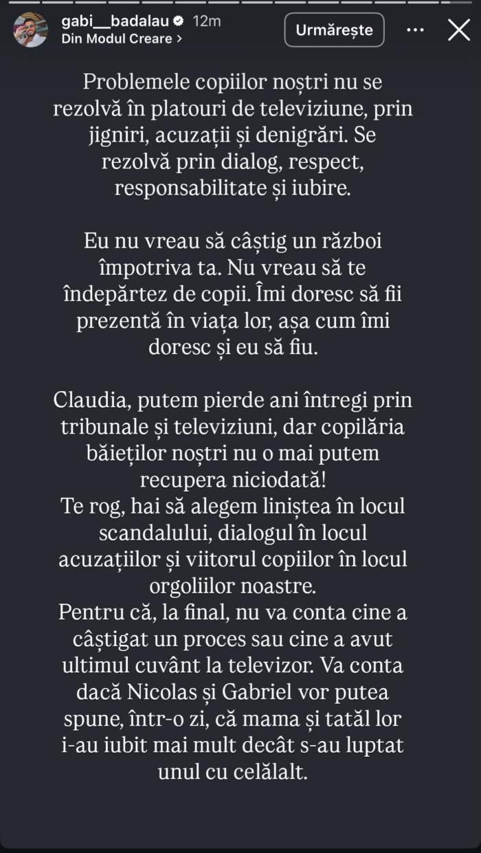 Războiul dintre Gabi Bădălău și Claudia Pătrășcanu continuă! Omul de afaceri, mesaj tranșant: „Nu dorește să locuiască la mama lui”