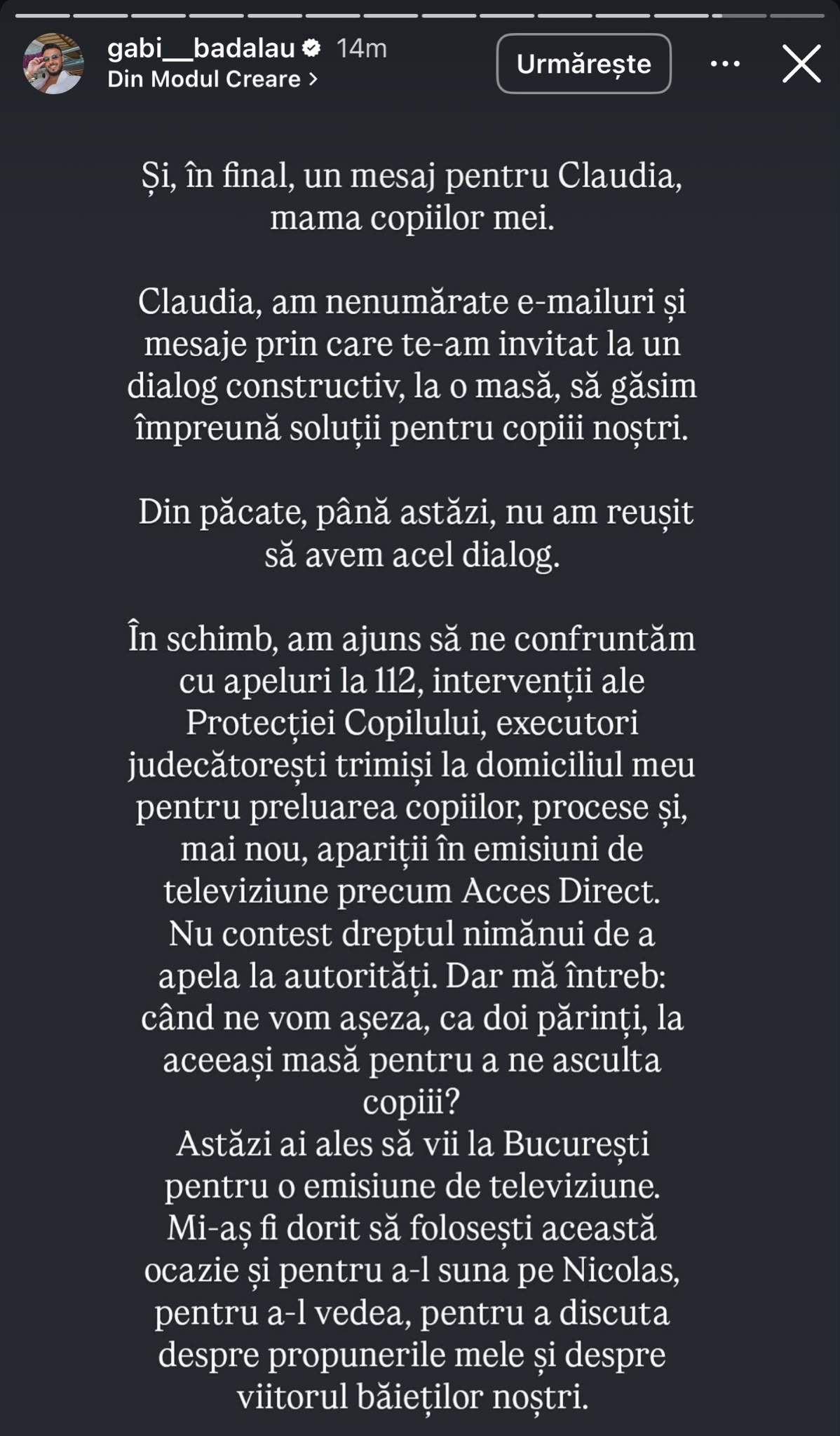 Războiul dintre Gabi Bădălău și Claudia Pătrășcanu continuă! Omul de afaceri, mesaj tranșant: „Nu dorește să locuiască la mama lui”