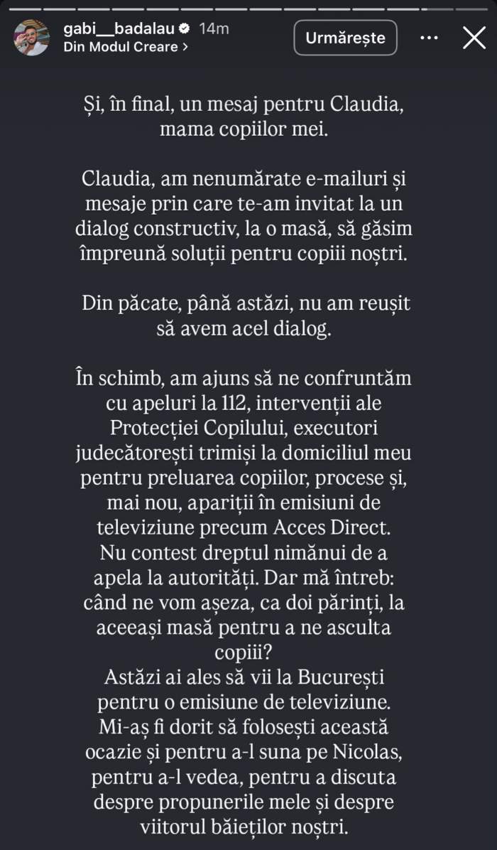 Războiul dintre Gabi Bădălău și Claudia Pătrășcanu continuă! Omul de afaceri, mesaj tranșant: „Nu dorește să locuiască la mama lui”