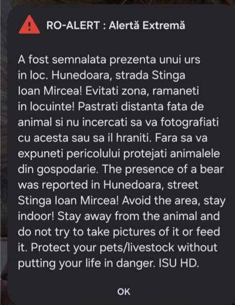 Mesajul RO-Alert transmis de autorități