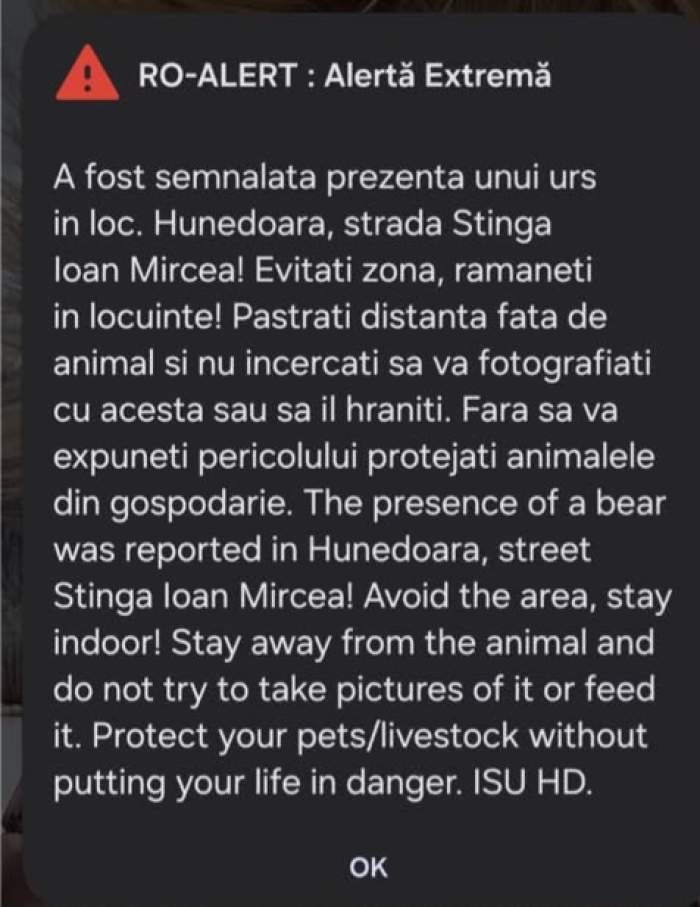Mesajul RO-Alert transmis de autorități