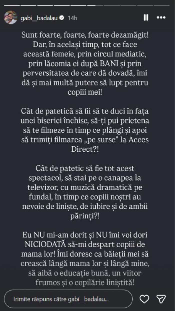 Gabi Bădălău o acuză pe Claudia Pătrășcanu de înscenarea filmării din fața bisericii, unde plânge în hohote: „Sunt foarte dezamăgit”