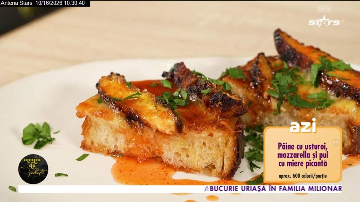Rețeta de pâine cu usturoi, mozzarella și pui cu miere picantă.