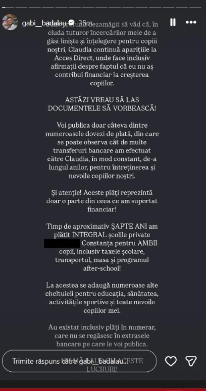 Gabi Bădălău prezintă dovezi, după ce Claudia Pătrășcanu l-a acuzat că nu se implică în creșterea copiilor: „De aproape șapte ani o rog să ne înțelegem”
