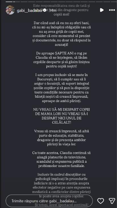 Gabi Bădălău prezintă dovezi, după ce Claudia Pătrășcanu l-a acuzat că nu se implică în creșterea copiilor: „De aproape șapte ani o rog să ne înțelegem”