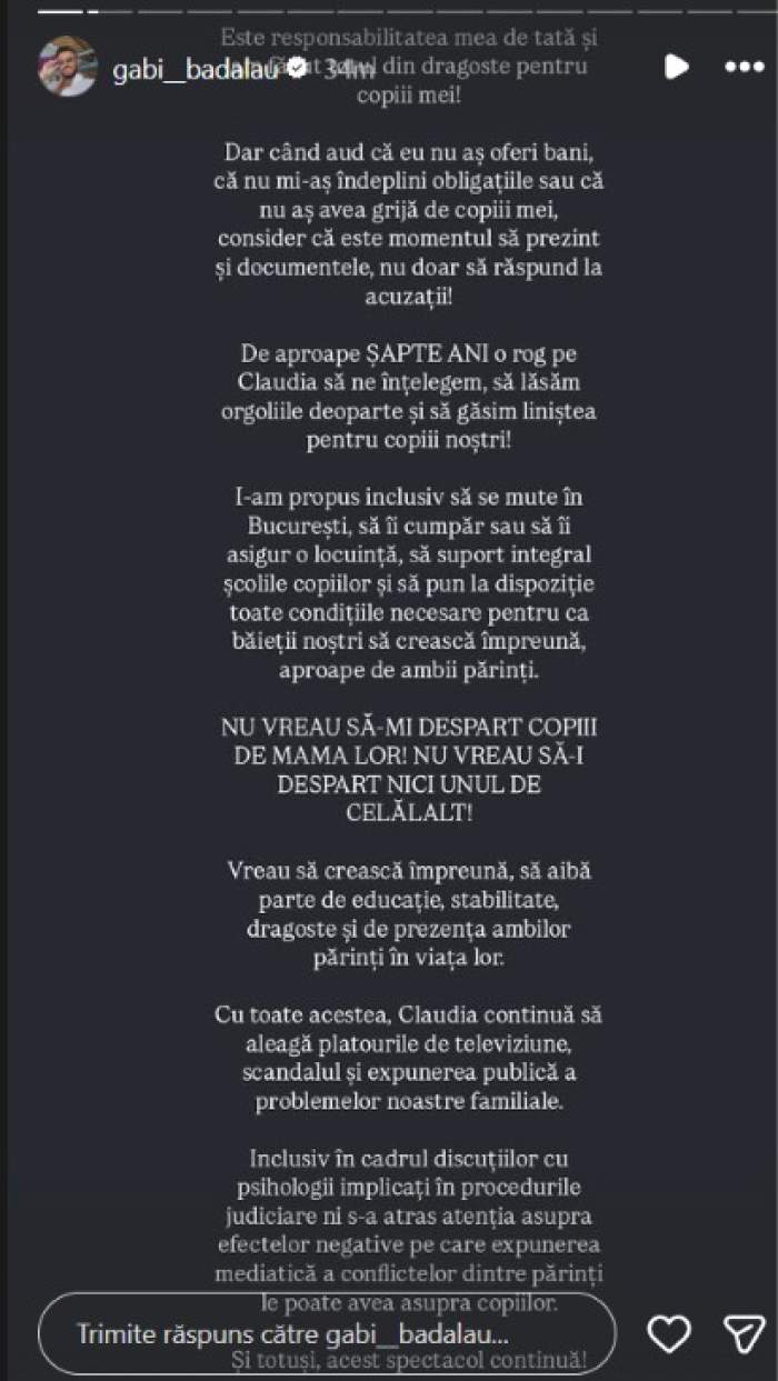 Gabi Bădălău prezintă dovezi, după ce Claudia Pătrășcanu l-a acuzat că nu se implică în creșterea copiilor: „De aproape șapte ani o rog să ne înțelegem”