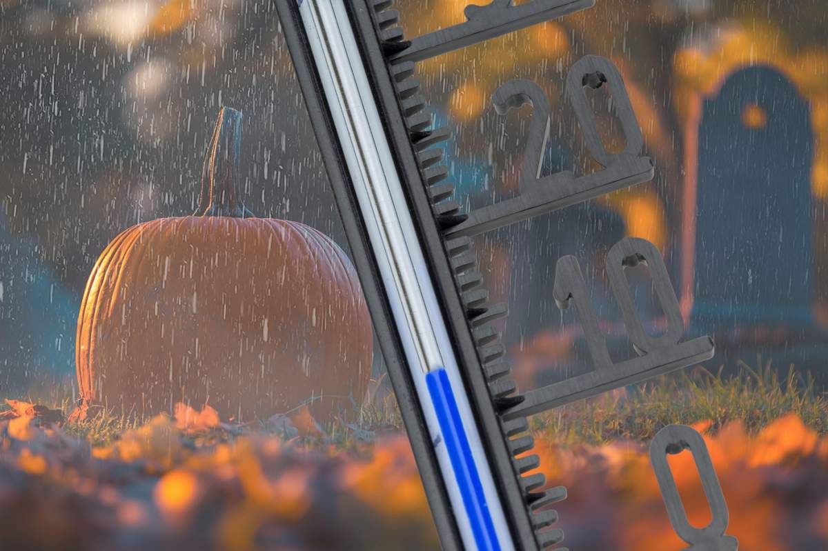 Prognoza meteo pentru Halloween: un prim-plan al unui termometru în fața unui fundal de Halloween