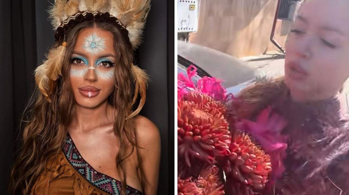 Colaj foto cu Claudia Ion și florile pe care le-a primit