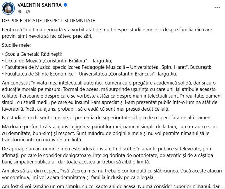 Valentin Sanfira, mesaj dur