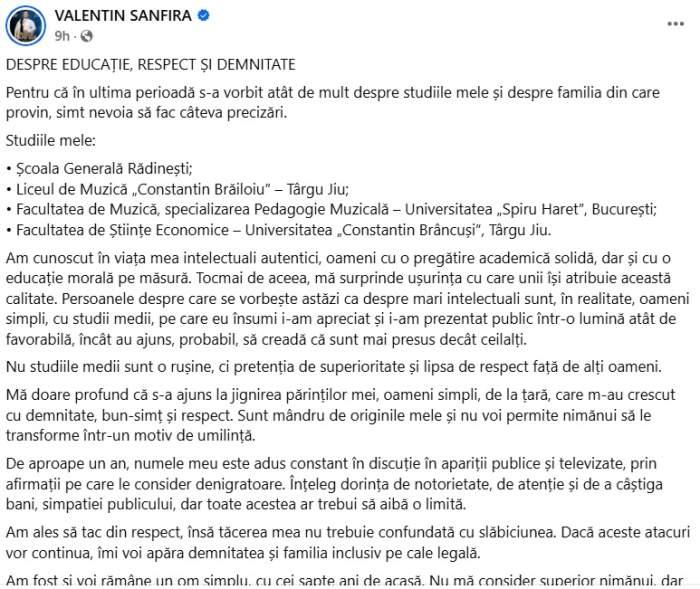 Valentin Sanfira, mesaj dur