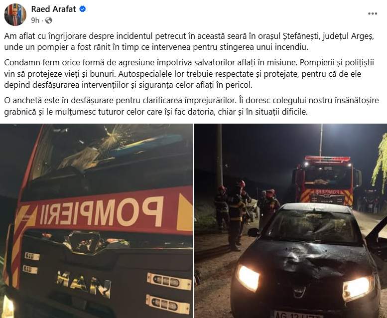 Ce s-a întâmplat după ce un pompier a fost rănit în timp ce stingea un incendiu în Argeș. Raed Arafat și DSU, primele reacții