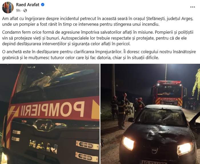 Ce s-a întâmplat după ce un pompier a fost rănit în timp ce stingea un incendiu în Argeș. Raed Arafat și DSU, primele reacții