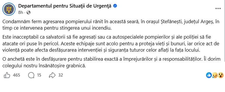 Ce s-a întâmplat după ce un pompier a fost rănit în timp ce stingea un incendiu în Argeș. Raed Arafat și DSU, primele reacții