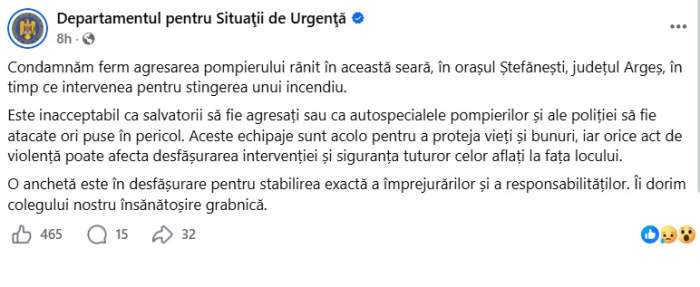 Ce s-a întâmplat după ce un pompier a fost rănit în timp ce stingea un incendiu în Argeș. Raed Arafat și DSU, primele reacții