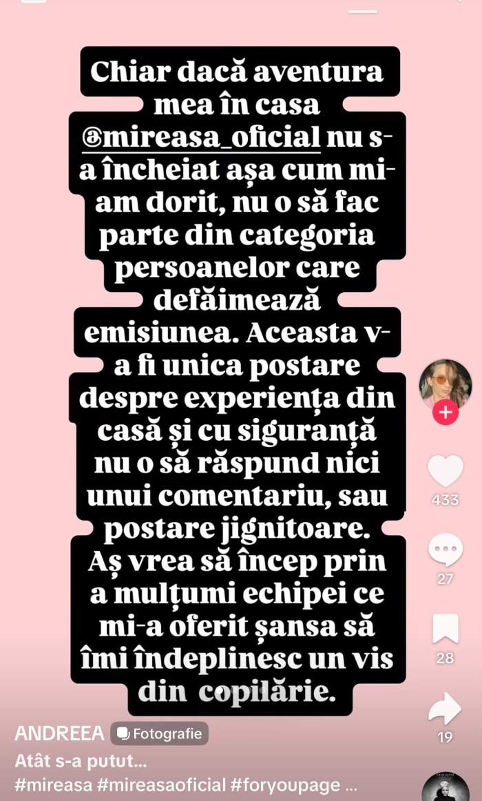 Andreea de la Mireasa, primele declarații după ce a fost eliminată din emisiune. Ce a spus despre Veronica și criticile primite