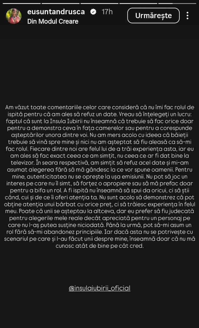 Andrușca a răspuns acuzațiilor că nu își face rolul de ispită la Insula Iubirii: ”Mi-am asumat”