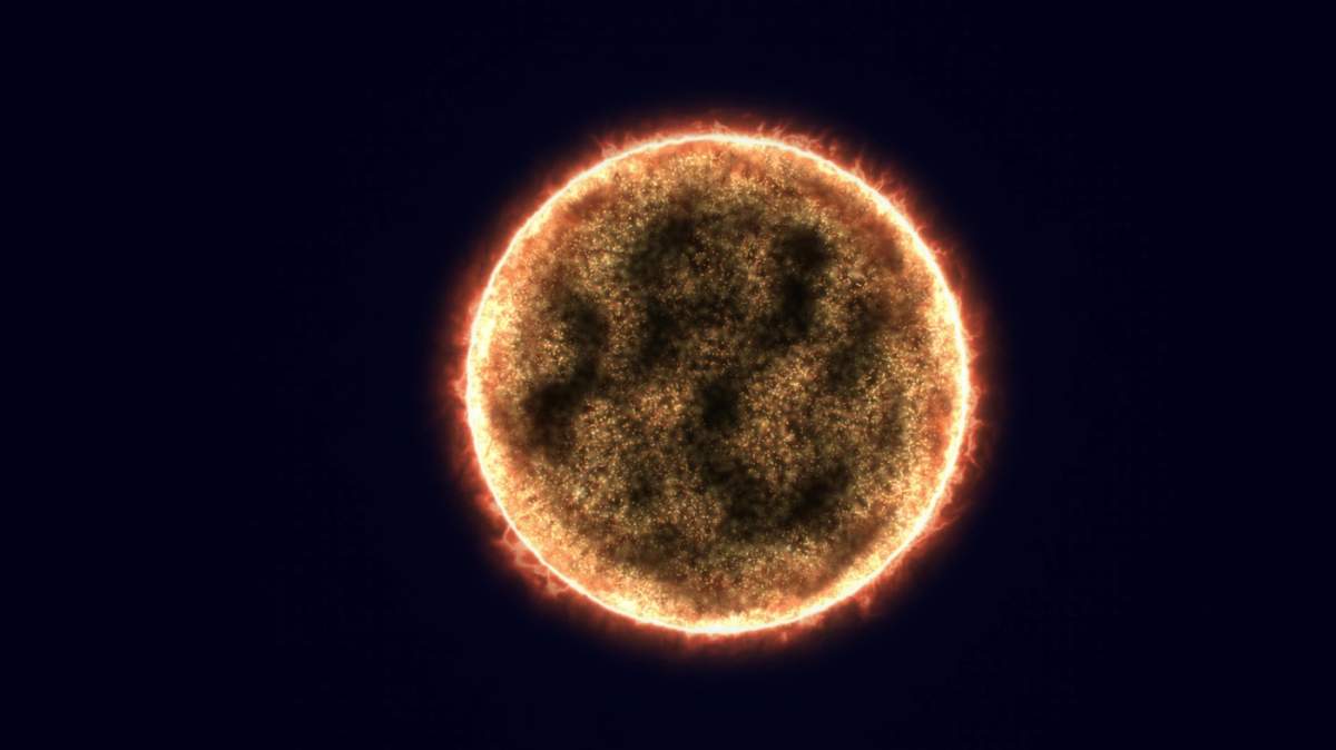 Suprafață stelară strălucitoare, cu plasmă radiantă și furtuni magnetice, pe un fundal cosmic întunecat.