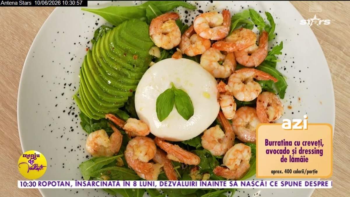 Burratina cu creveţi, avocado şi dressing de lămâie, după rețeta lui Horia Manea
