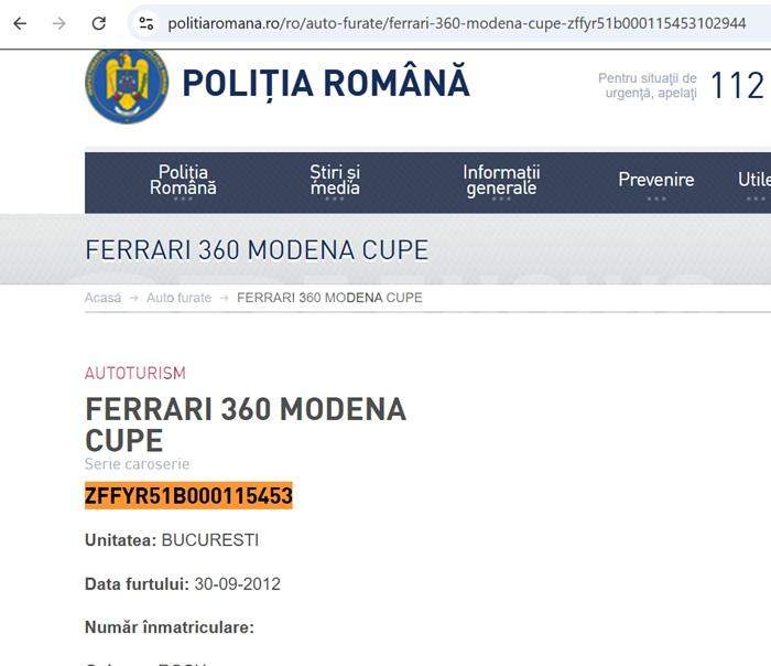 Un Ferrari de 250.000 de euro, căutat de Poliția Română, a fost găsit de Spynews.ro! Ce s-a întâmplat cu bolidul de lux și unde au ajuns piesele mașinii