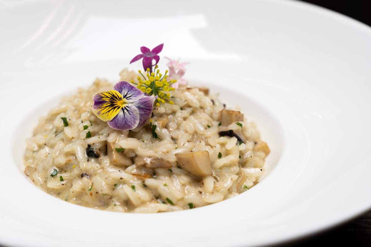 Risotto cremos cu brânză, ciuperci și ulei de trufe, decorat cu flori galbene și mov.
