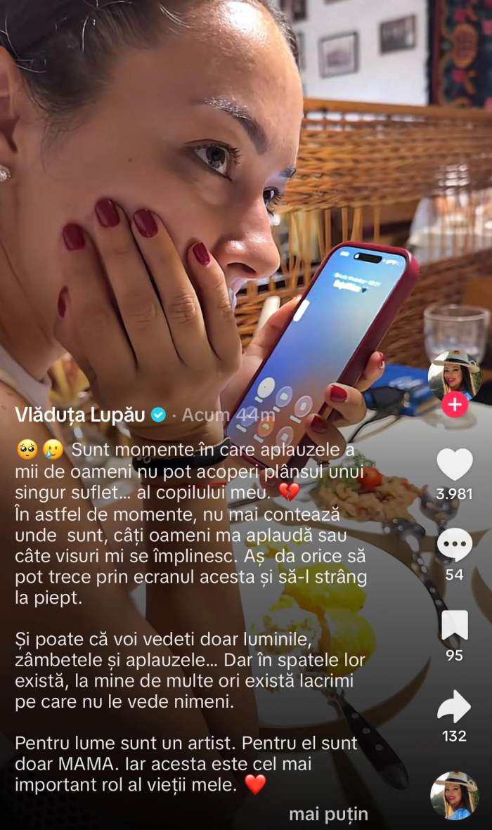 Vlăduța Lupău, în lacrimi în timp ce vorbea la telefon cu fiul ei: „Pentru el sunt doar MAMA”
