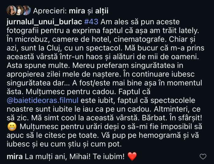 Mesajul Mirei, de ziua lui Bendeac