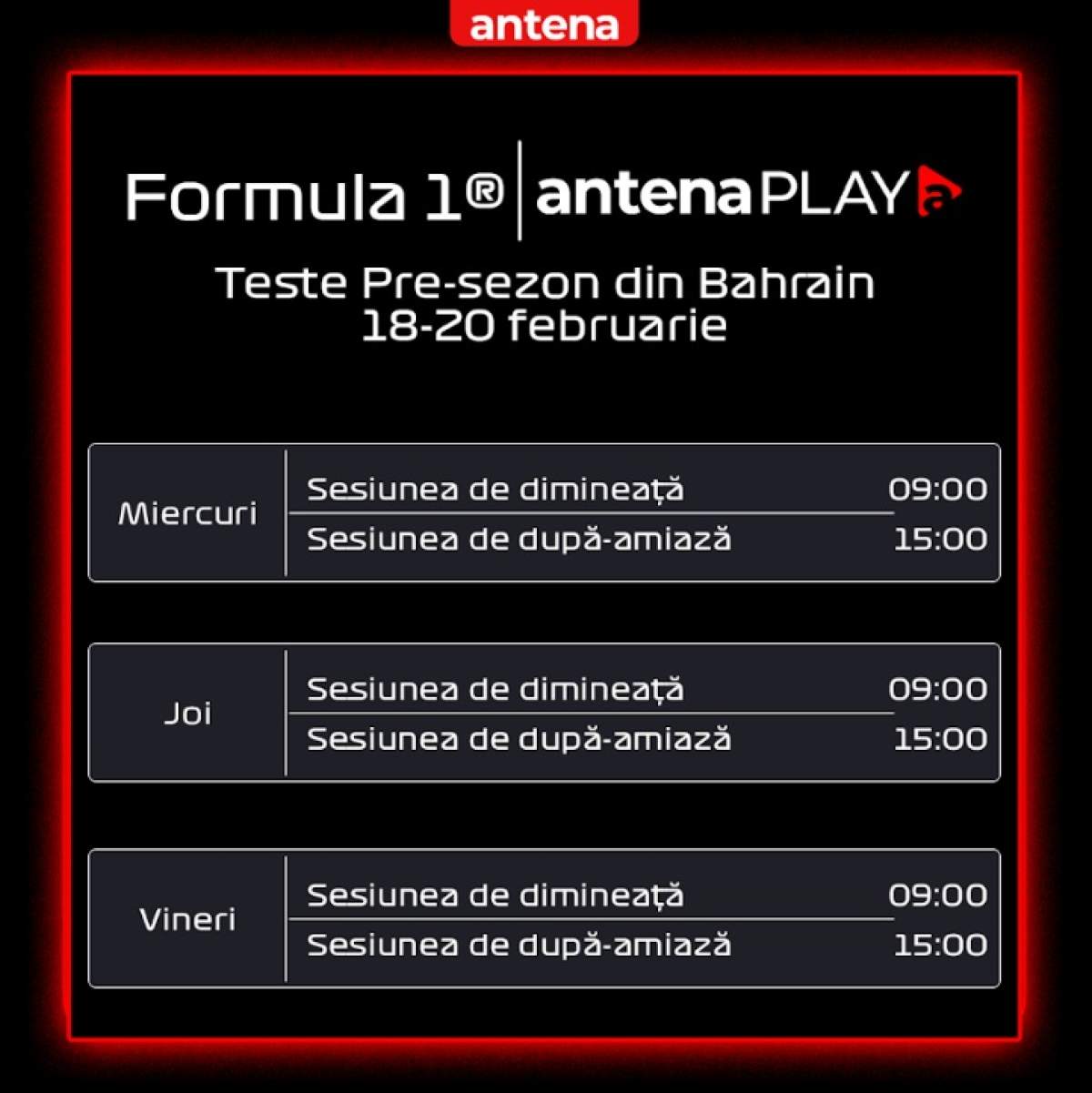 Testele pre-sezonului Formula 1 de la Bahrain vor fi difuzate în exclusivitate pe AntenaPLAY