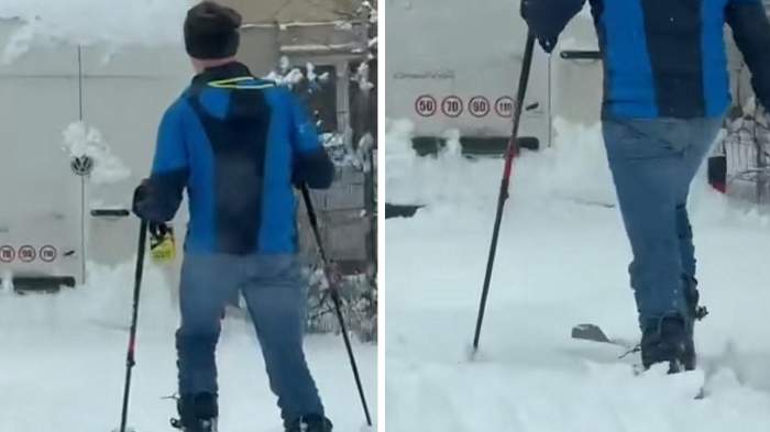 Colaj foto cu bărbatul care mergea pe schiuri în București