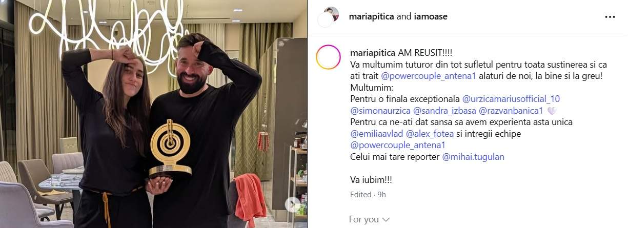 Oase, prima reacție după ce el și Maria Pitică au câștigat Power Couple