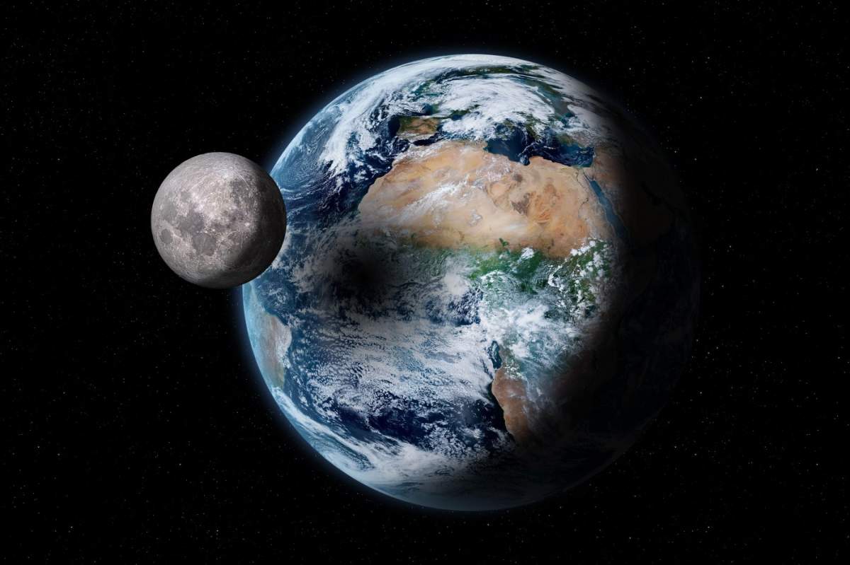 Lună, Pământ și eclipsă de soare. Umbra Lunii cade pe Pământ, creând o regiune întunecată unde Soarele este blocat temporar. Aceste elemente de imagine sunt furnizate.