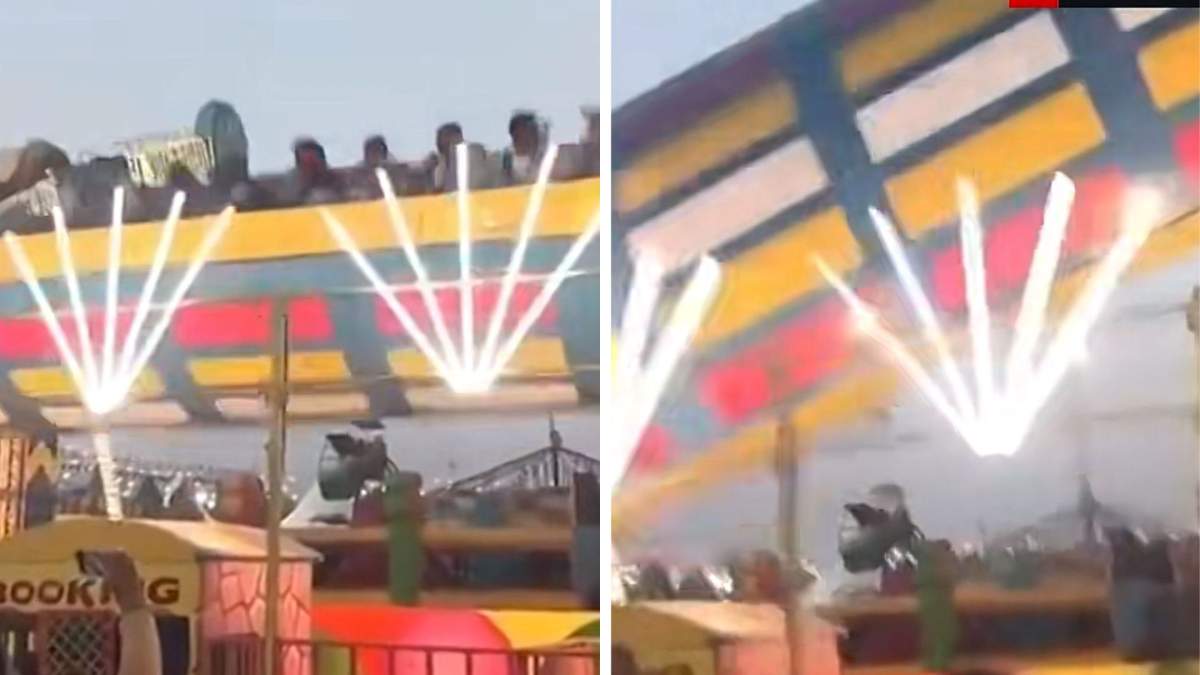 Colaj foto cu momentul în care s-a răsturnat leagănul imens dintr-un parc de distracții