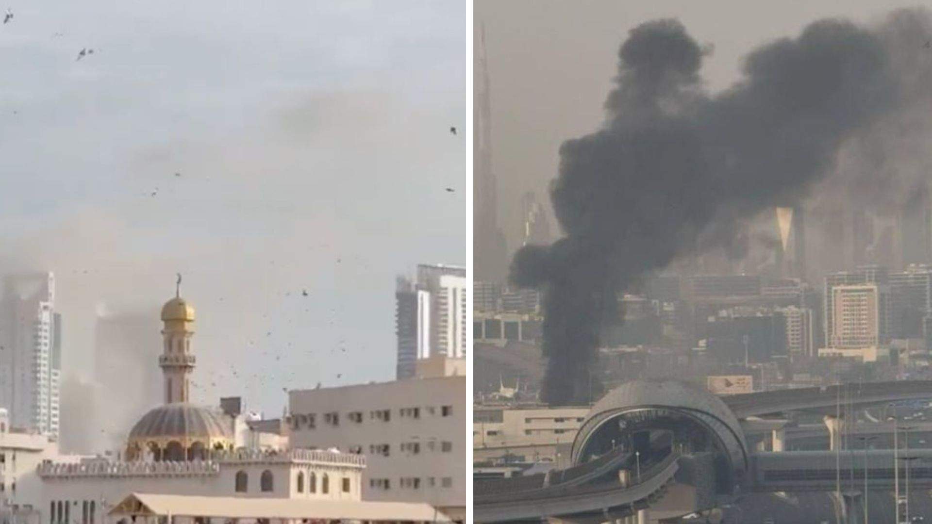 Colaj foto cu dronele de pe cerul din Doha și un nor de fum din Dubai