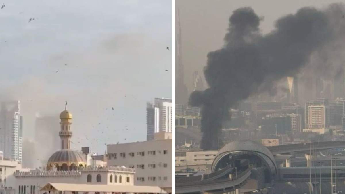 Colaj foto cu dronele de pe cerul din Doha și un nor de fum din Dubai