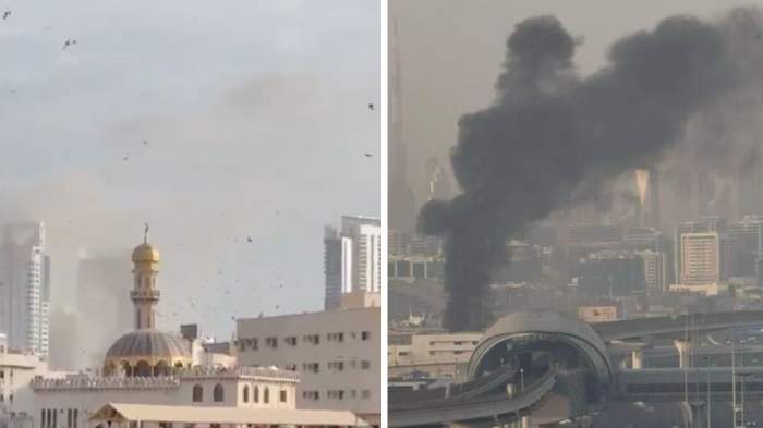 Colaj foto cu dronele de pe cerul din Doha și un nor de fum din Dubai