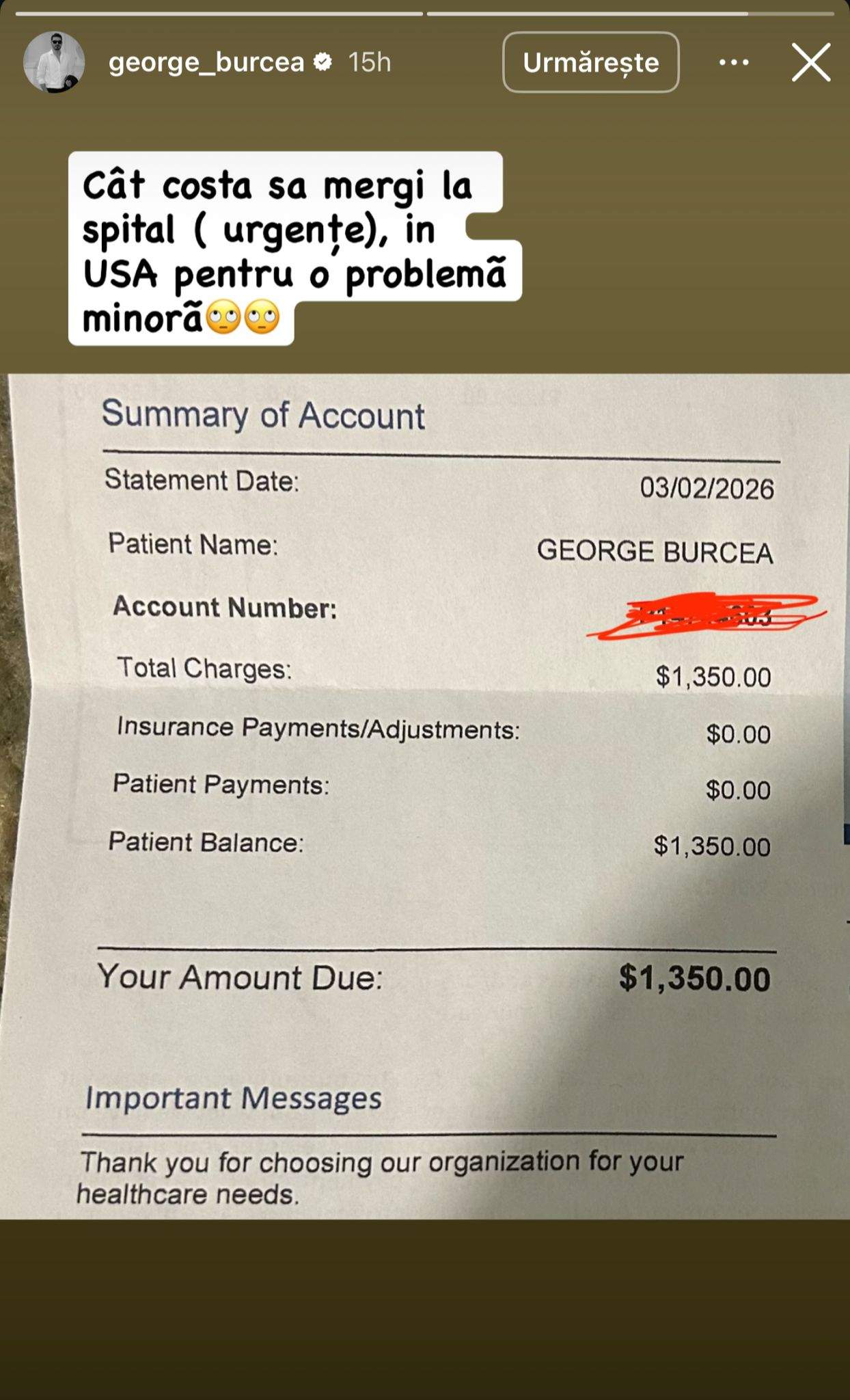 Suma care i-a venit de plată lui George Burcea, după ce a ieșit din spital din SUA